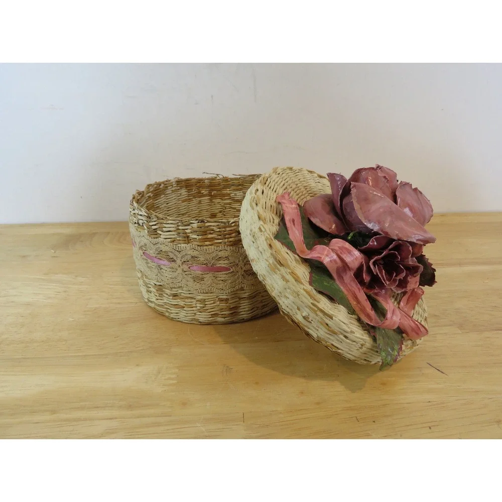 Vintage Floral Woven Nesting Baskets Set of 4 Decorative Lace Trim Storage Boxes